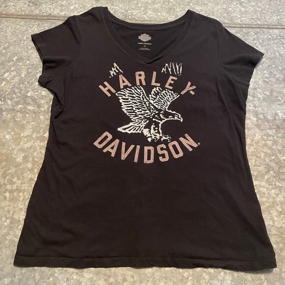Harley Davidson Eagle Graphic V Neck Tee Shirt Womens 2XL XXL Black Biker - Picture 1 of 9